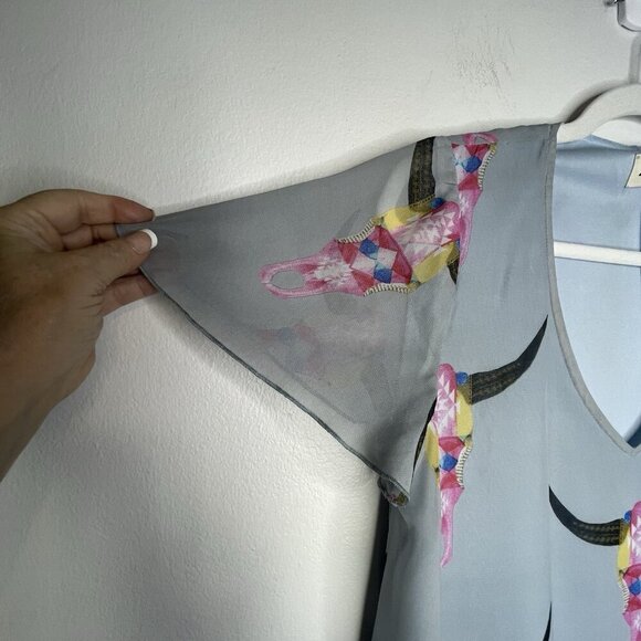 Show Me Your Mumu Kyle Mini Dress Womens M Blue Chiffon Cow Skull Western Boho - Picture 7 of 12